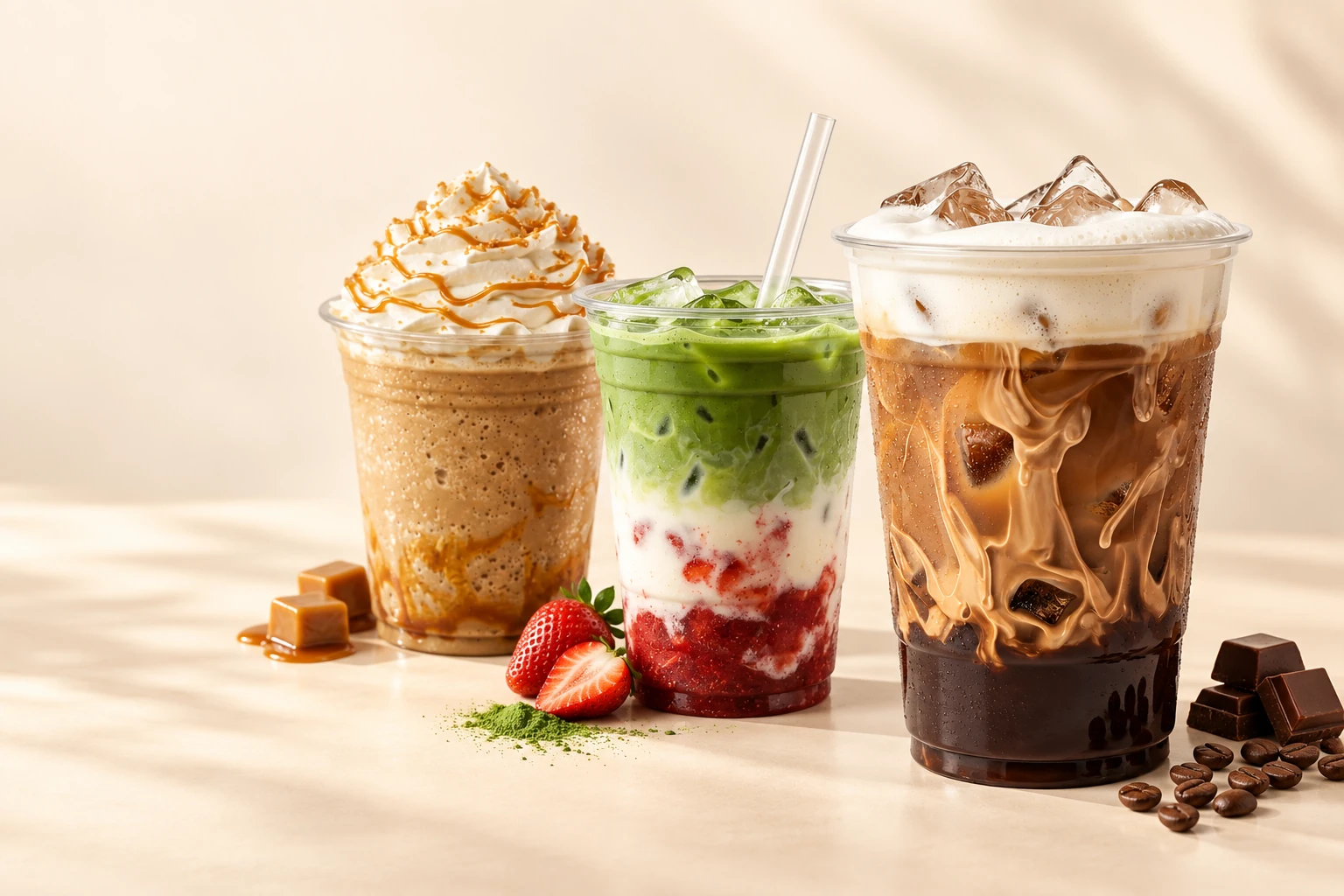 Kreativan prikaz caramel, mocha i strawberry matcha napitaka